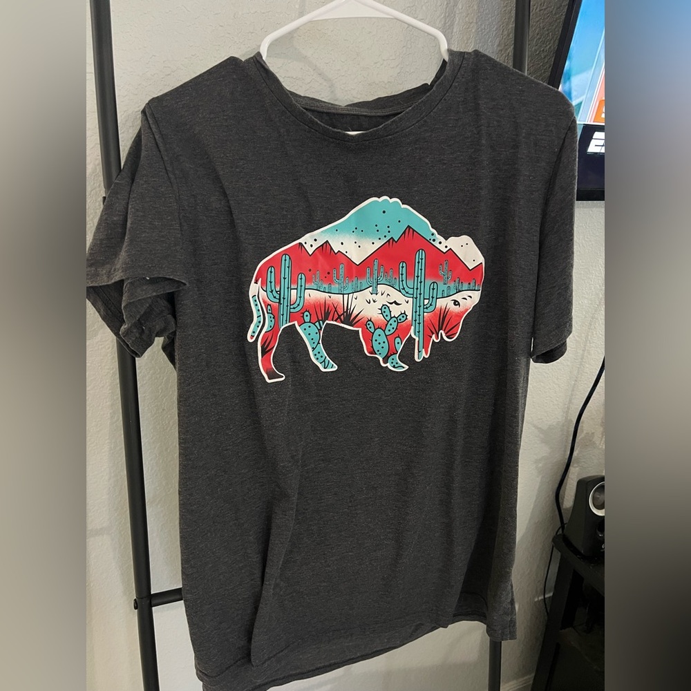 Graphic T-Shirt with Buffalo and Cactus Design